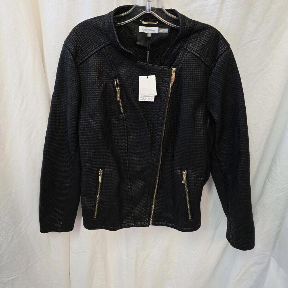 Calvin Klein L Black Vegan Leather Gold Chic Luxury UQ Urban Chic Jacket NWT‎